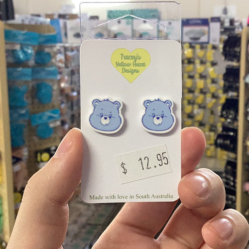 Tracey's Yellow Heart Designs - Blue Care Bear face Earring