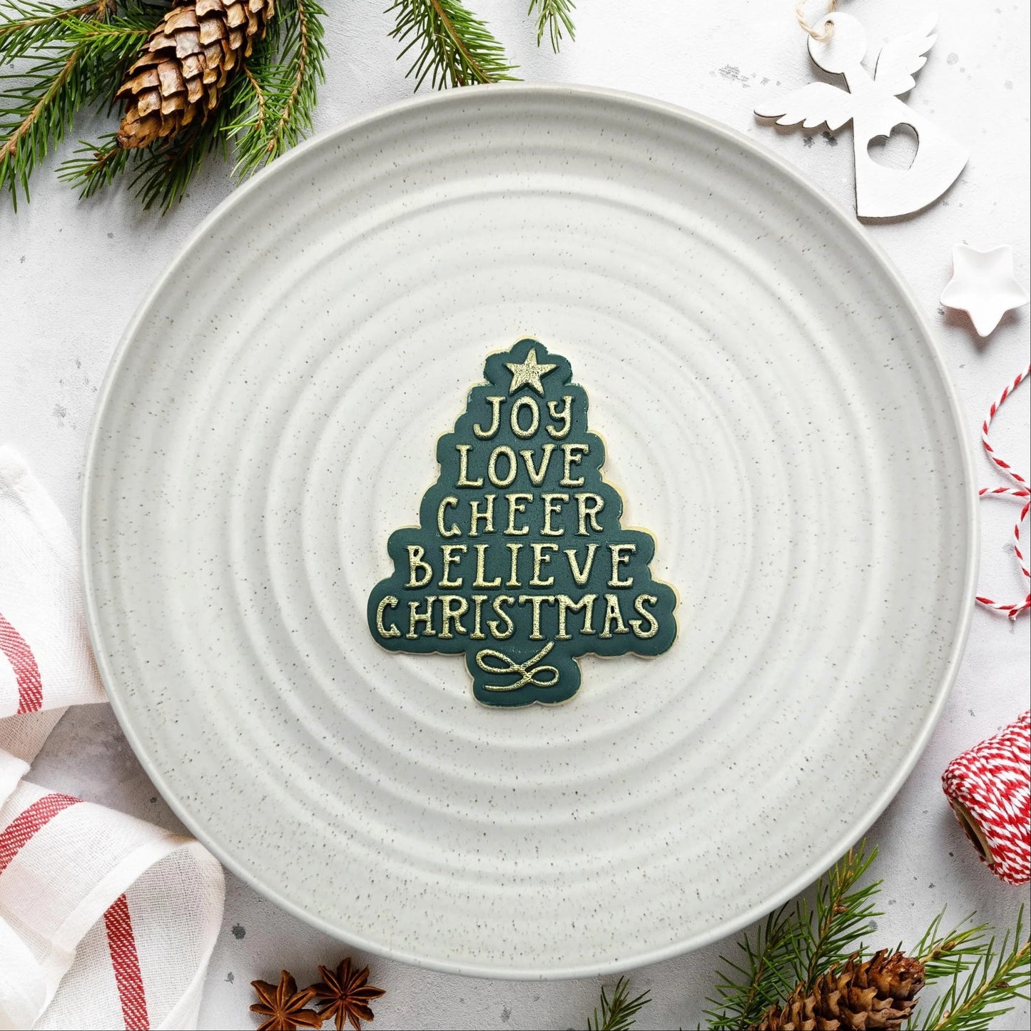 Custom Cookie Cutter - Joy Christmas Tree Cutter and Debosser Set.