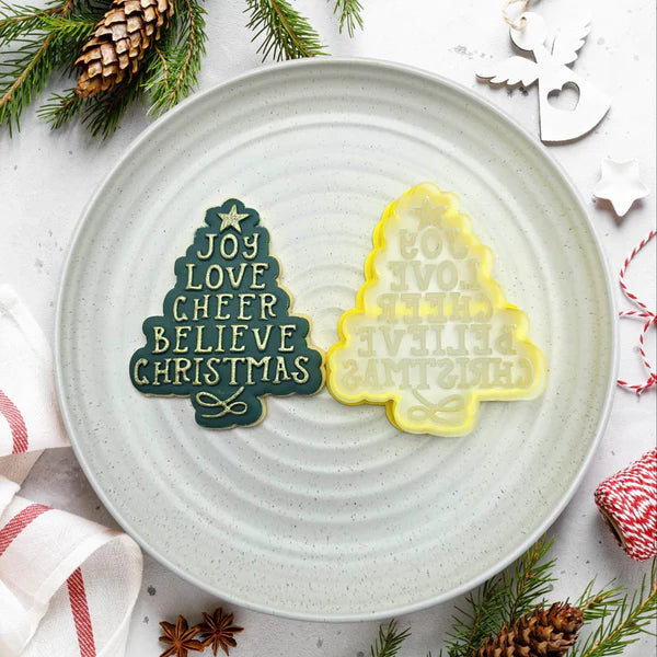 Custom Cookie Cutter - Joy Christmas Tree Cutter and Debosser Set.