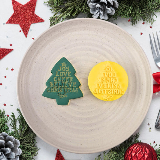 Custom Cookie Cutters - Joy Love Cheer Tree Embosser.