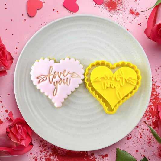 Custom Cookie Cutters - Love You Embosser with Scalloped Heart Cutter Set.