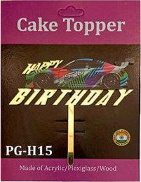 Acrylic Cake Topper - Happy Birthday Race Car - Gold