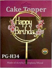 Acrylic Cake Topper - Happy Birthday Round/ Flowers - Gold