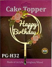 Acrylic Cake Topper - Happy Birthday Round/ Flowers - Gold