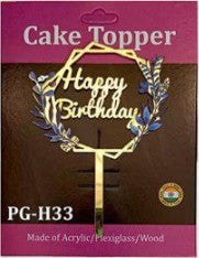 Acrylic Cake Topper - Happy Birthday Round/ Flowers - Gold/ Blue