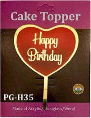 Acrylic Cake Topper - Happy Birthday Heart - Gold / Red