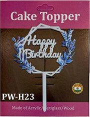 Acrylic Cake Topper - Happy Birthday Round/ Flowers - White/Blue