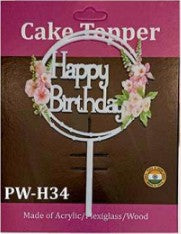 Acrylic Cake Topper - Happy Birthday Round/ Flowers - White