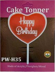 Acrylic Cake Topper - Happy Birthday Heart - White / Red