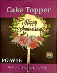 Acrylic Cake Topper - Happy Anniversary Flowers - Gold
