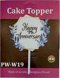 Acrylic Cake Topper - Happy Anniversary Blue Flowers - White