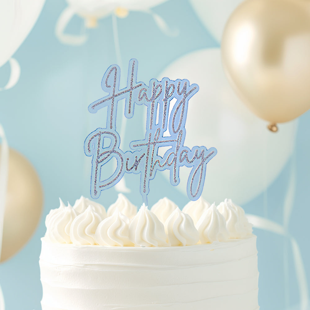 Silver / Light Blue Layered Cake Topper - Happy Birthday.