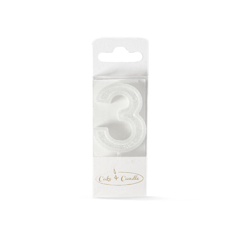 Mini Glitter Candle White - Number 3