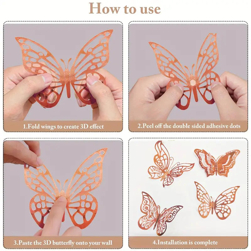 3D - 48PC Butterflies Cake Decorations -Rose Gold