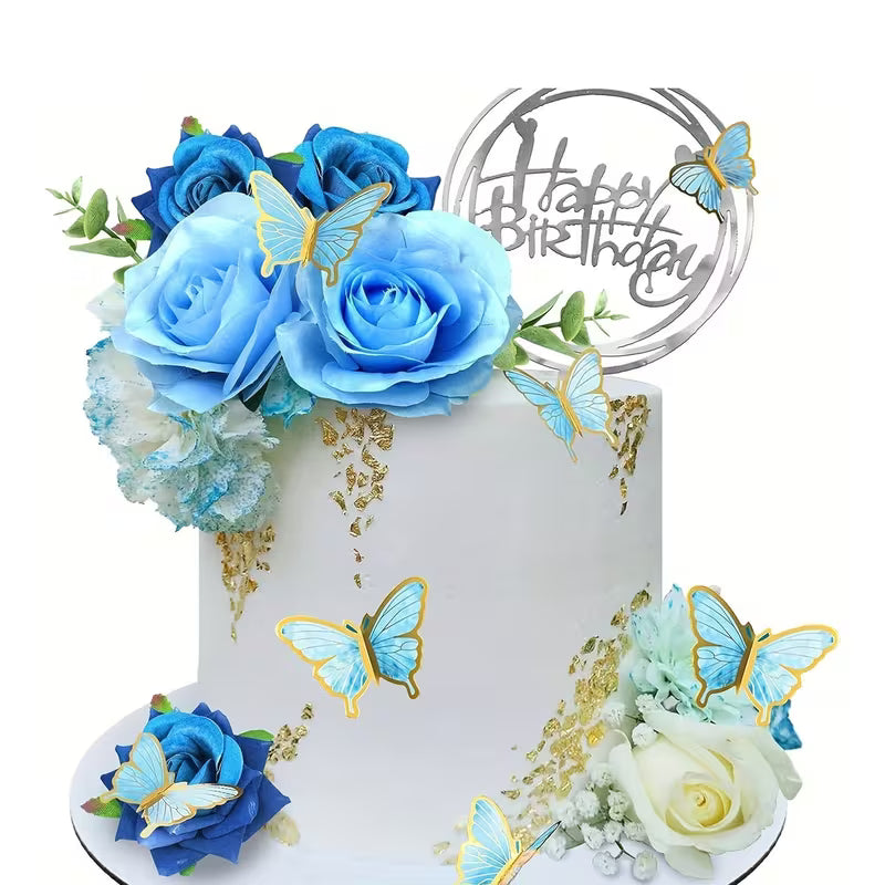 19PC Floral Cake Toppers with Butterfly's - Blue