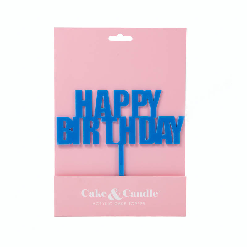 Cake & Candle Acrylic Cake Topper - Happy Birthday Blue Bold.