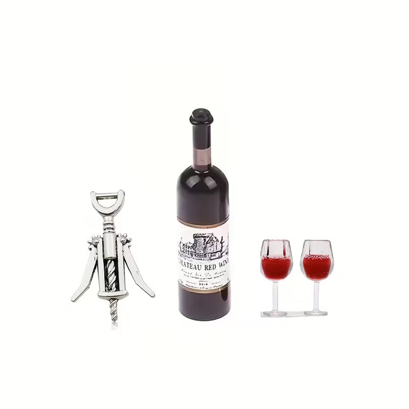Miniature Wine Bottle & Wine Glasses & Cork Screw - Cake Topper