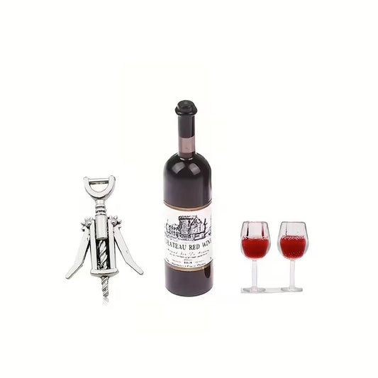 Miniature Wine Bottle & Wine Glasses & Cork Screw - Cake Topper