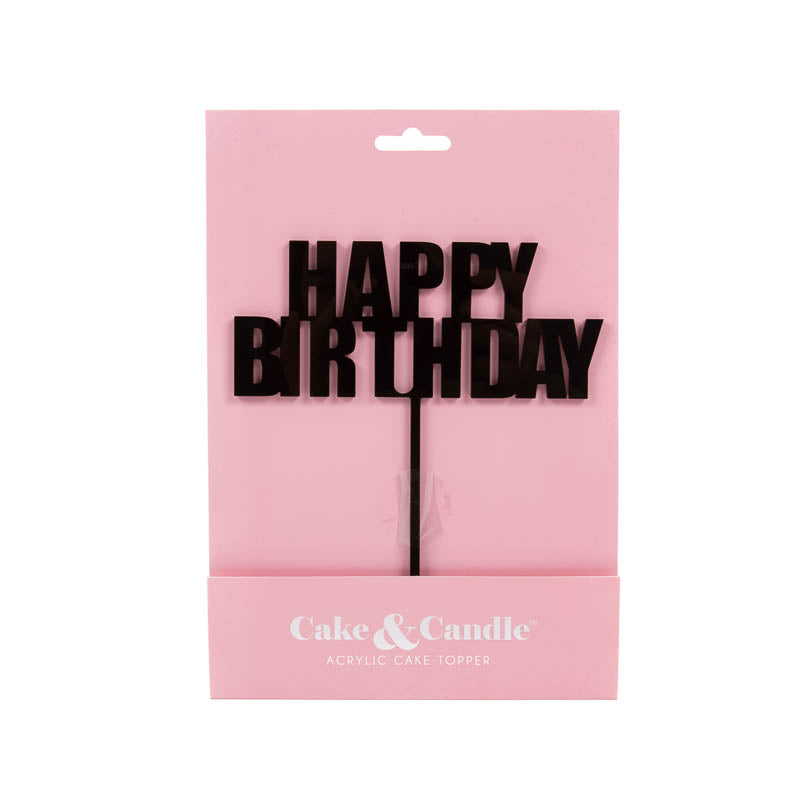 Cake & Candle Acrylic Cake Topper - Happy Birthday Black Bold.