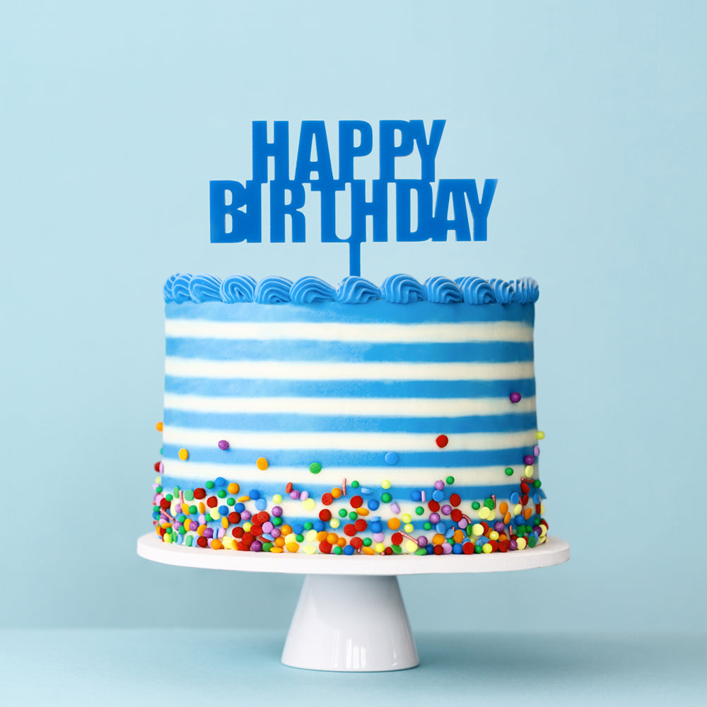 Cake & Candle Acrylic Cake Topper - Happy Birthday Blue Bold.