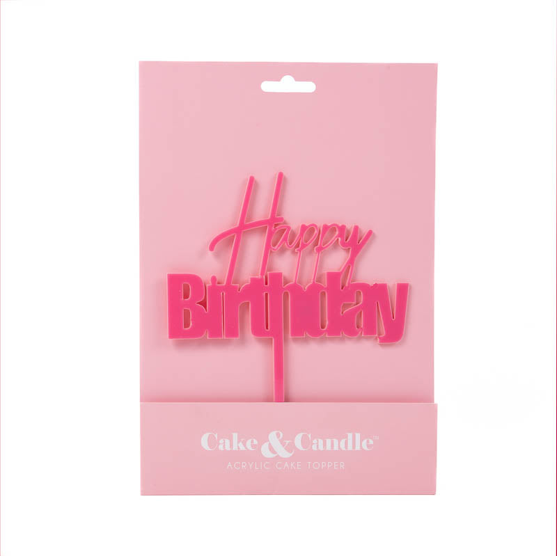 Cake & Candle Acrylic Cake Topper - Fun Happy Birthday Pink.