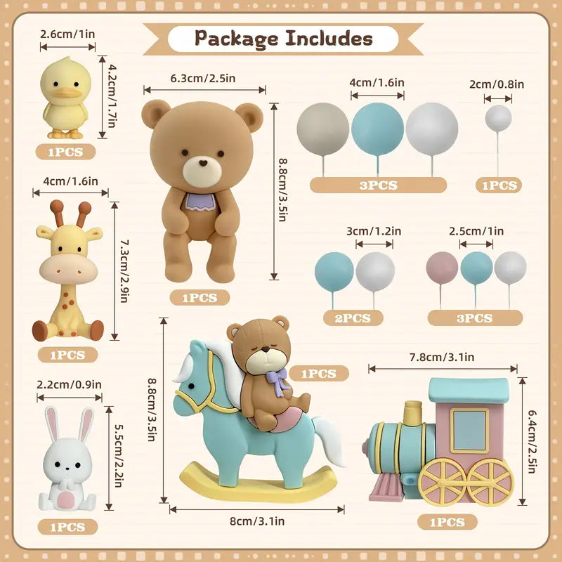 15PC Bear Cake Topper with Animals, Little Train and Deco Balls