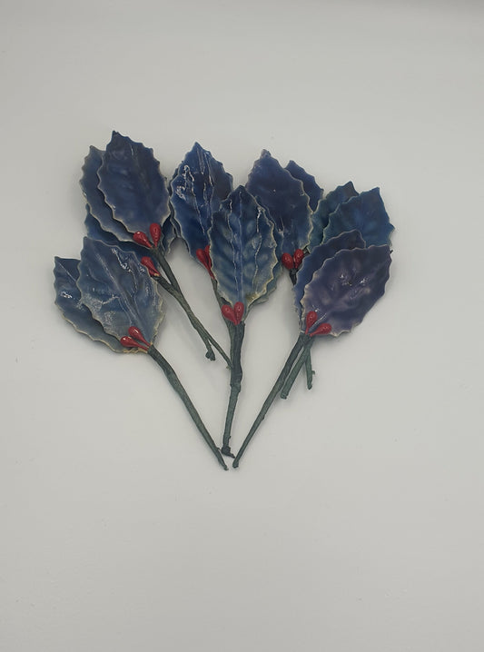 Large Single Holly Leaf - 8 x Sprigs 5cm Leaf - Blue