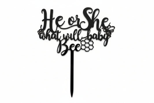 Acrylic He or She What Will Baby Bee Cake Topper- Black