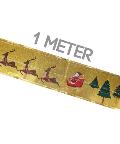 Xmas Ribbon - Gold Frill Santa Sleigh