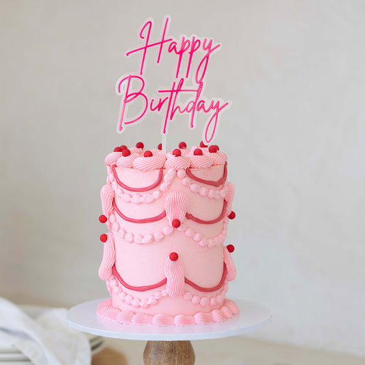 Hot Pink / Clear Opaque Layered Cake Topper - Happy Birthday.