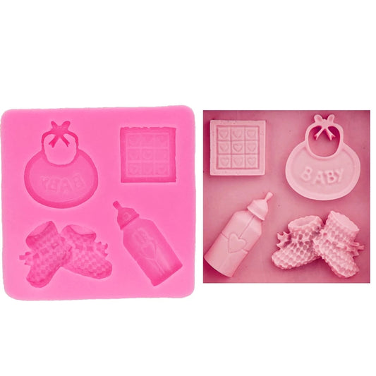 Silicone Mould - Baby Bottle, Bib, Booties, Block - S67.