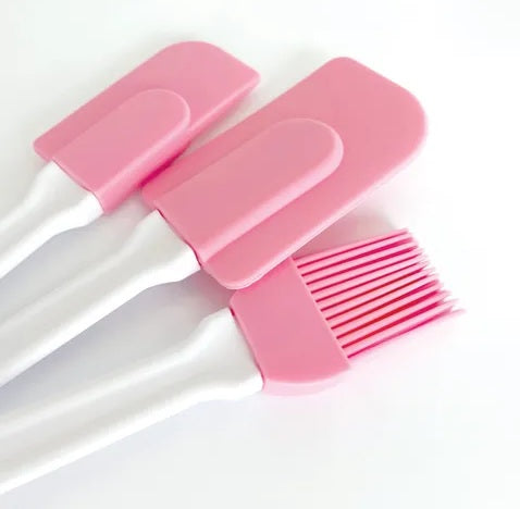 3PC Silicone Spatula and Brush Set - Pink and White.