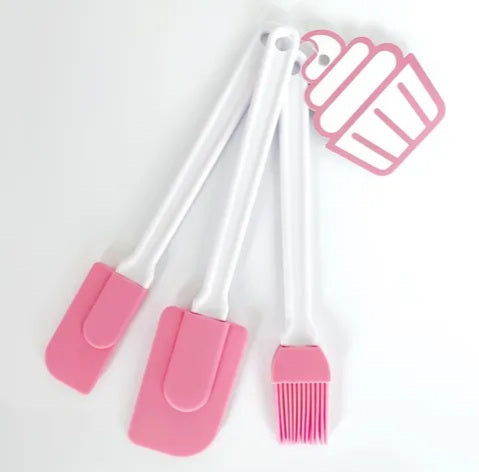 3PC Silicone Spatula and Brush Set - Pink and White.