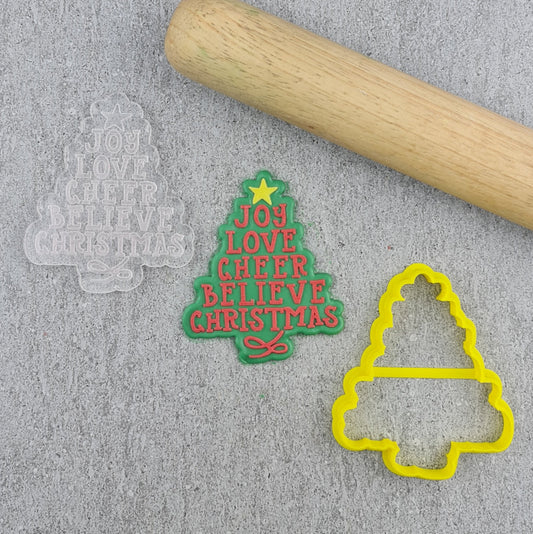 Custom Cookie Cutter - Joy Christmas Tree Cutter and Debosser Set.