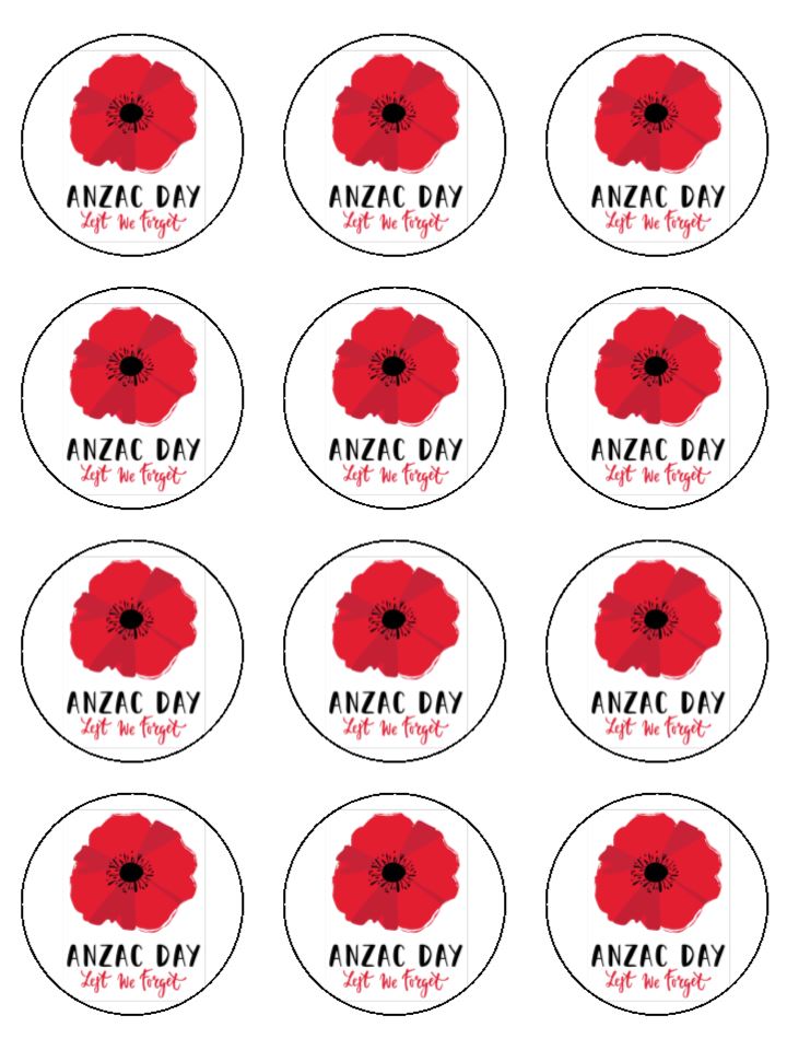 Edible Cupcake Toppers - Anzac Day Poppy Lest we forget