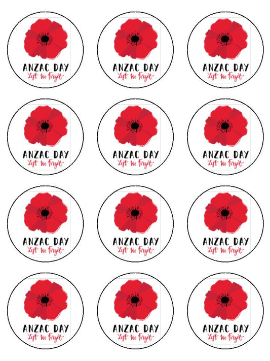 Edible Cupcake Toppers - Anzac Day Poppy Lest we forget