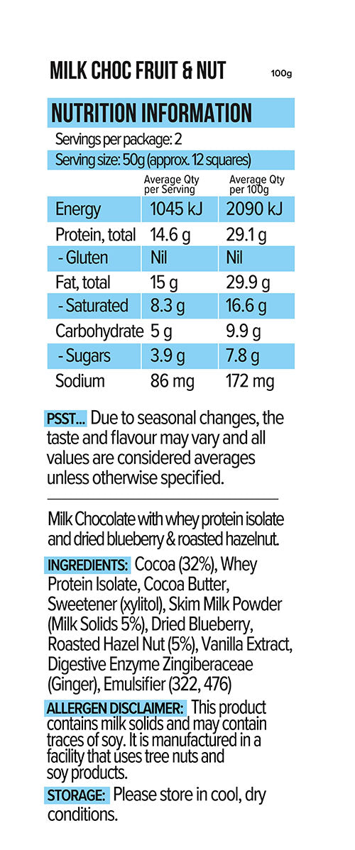 100g Vitawerx Chocolate Bar - Milk Chocolate Fruit and Nut