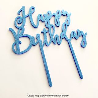 Acrylic Cake Topper - Happy Birthday - Blue Glitter.