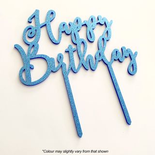 Acrylic Cake Topper - Happy Birthday - Blue Glitter