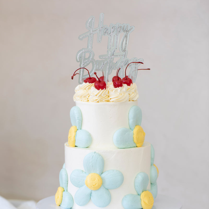 Silver / Light Blue Layered Cake Topper - Happy Birthday.