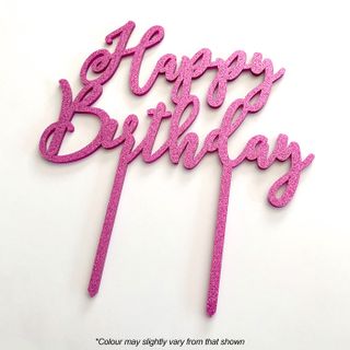 Acrylic Cake Topper - Happy Birthday - Pink Glitter.