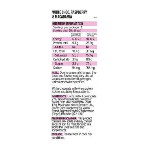 35g Vitawerx White Chocolate Bar - White Chocolate, Raspberry and Macadamia